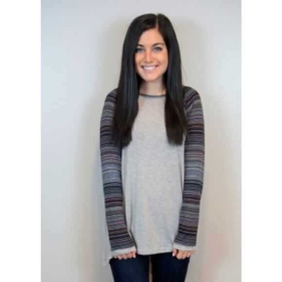 New Doe & Rae Small Heather Gray Striped Raglan Long Sleeve Tee Tshirt Top Crew - Picture 10 of 10